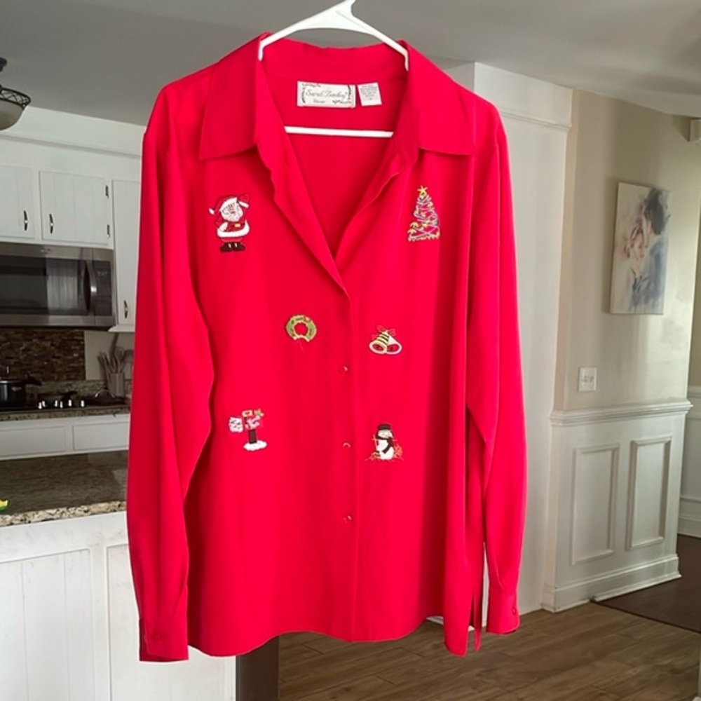 Sarah Bentley Embroidered Christmas Button Down Shirt Sz 1X Red